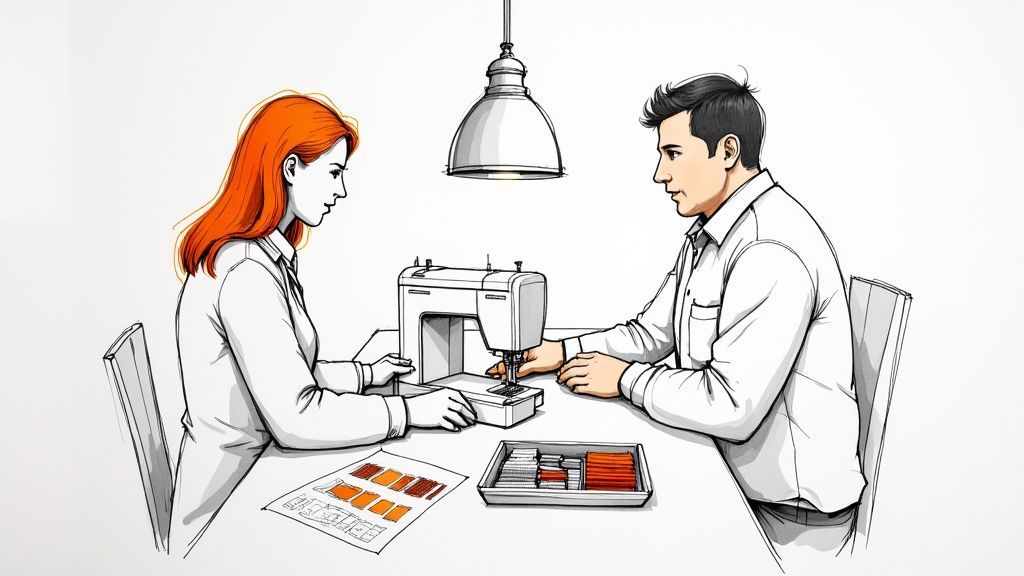 Illustration of two people, a man and a woman, collaboratively using a sewing machine at a table.