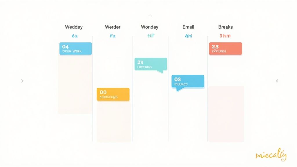 A digital productivity tracker interface showing time spent on deep work, email, and breaks.