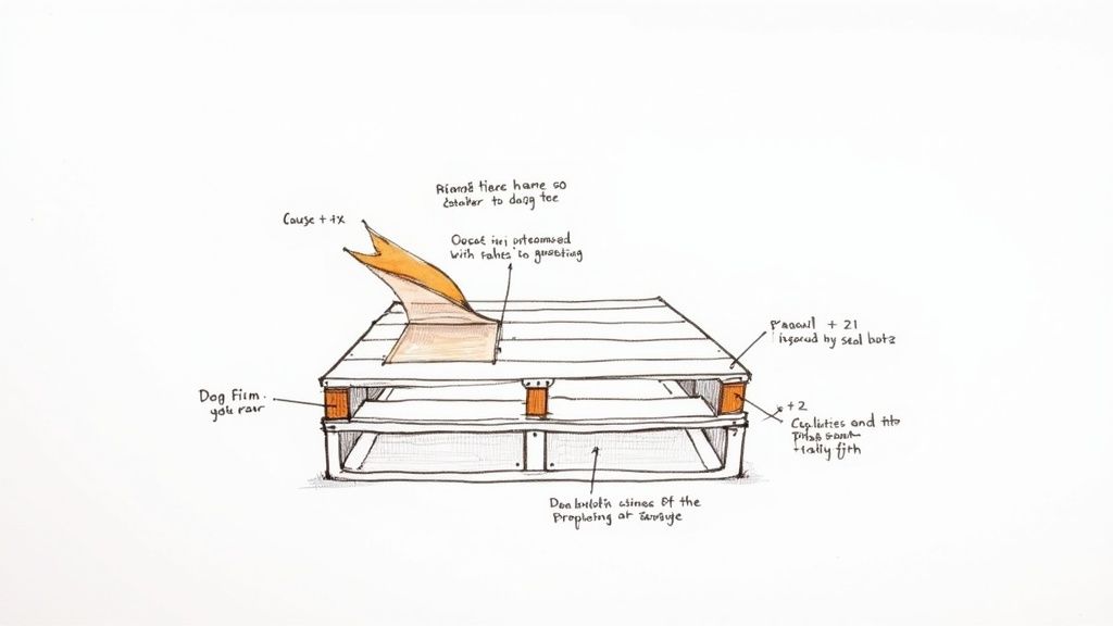 Hand-drawn technical sketch of wooden platform structure showing construction details and assembly notes