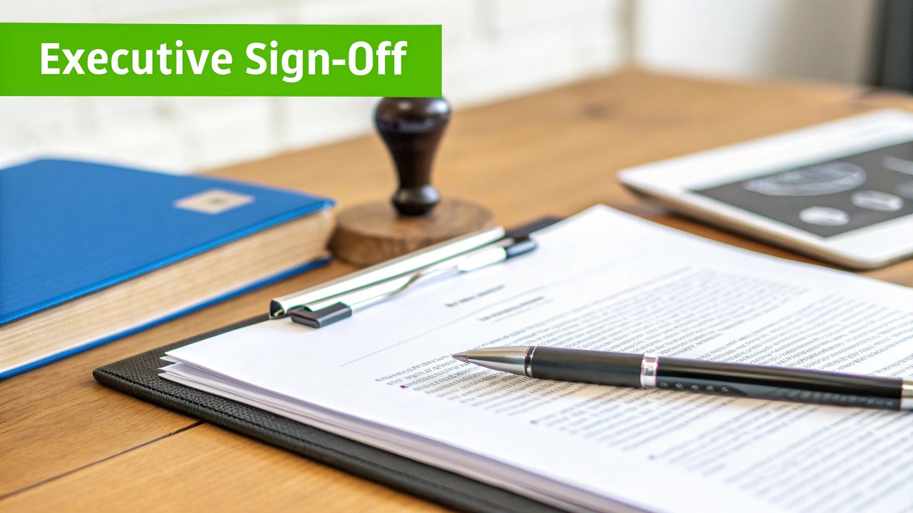 A desk with a document, pen, stamp, and a blue book, under a banner saying 'Executive Sign-Off'.