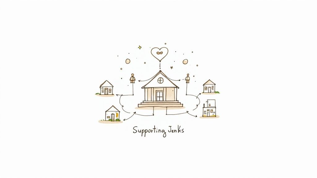 An illustration of a central building connected to surrounding homes, symbolizing community support in Jenks.