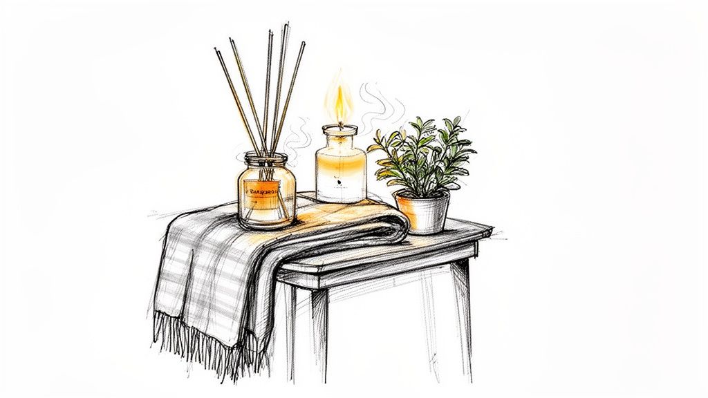 A sketch of a reed diffuser, lit candle, and potted plant on a table with a plaid blanket.