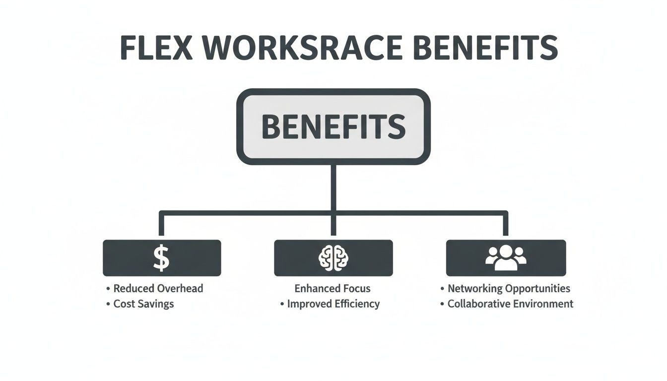 Diagram illustrating the benefits of a flex workspace, including cost savings, improved efficiency, and networking opportunities.