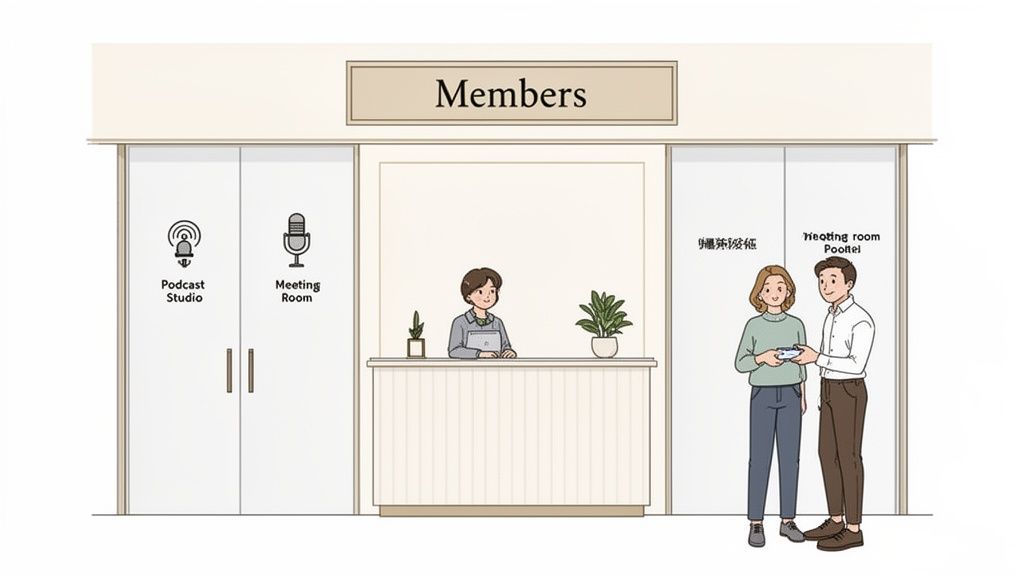Illustration of a modern co-working space entrance with a reception desk, podcast studio, and meeting room.