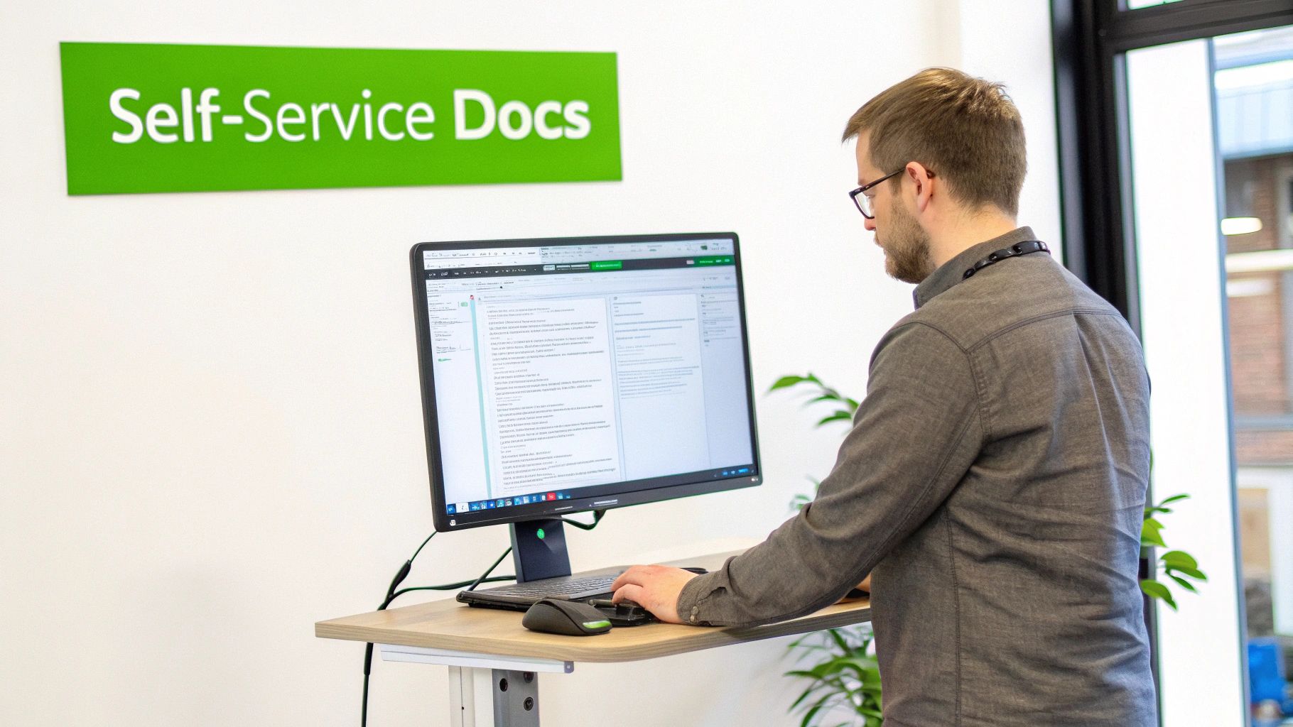 Developer using self-service documentation portal on standing desk with computer monitor