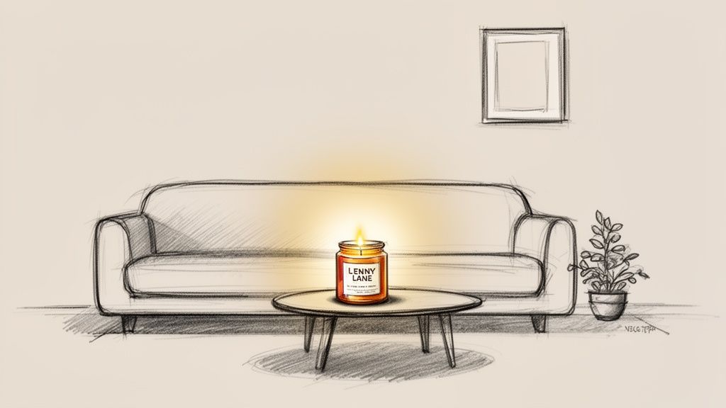 Hand-drawn sketch of a cozy living room with a glowing Lenny Lane candle, sofa, and framed picture.