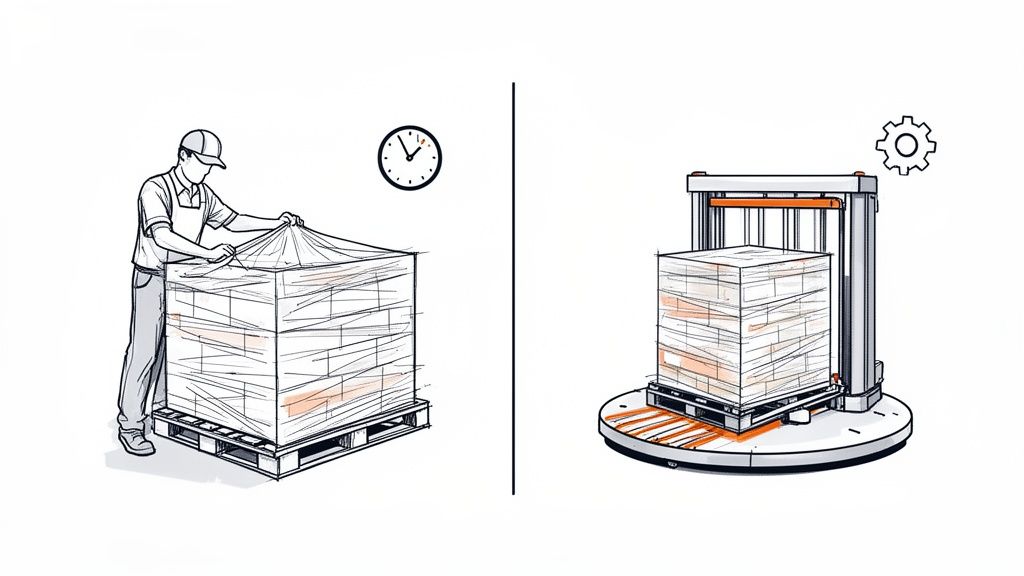 Comparison of manual pallet wrapping with a person and time clock versus automatic machine wrapping with a gear.