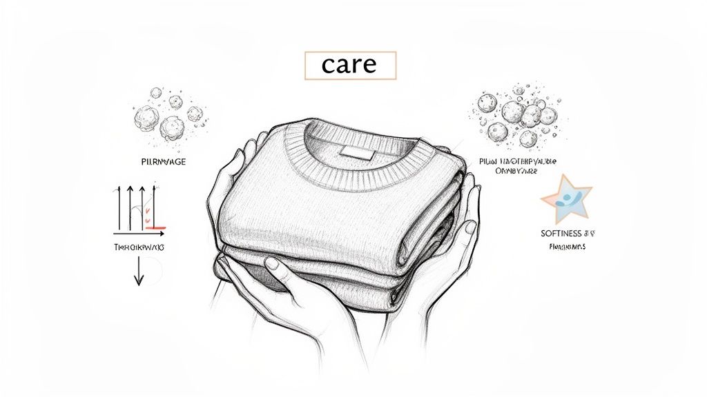 Hands holding a neatly folded sweater, surrounded by illustrations for fabric care, anti-pilling, and softness.