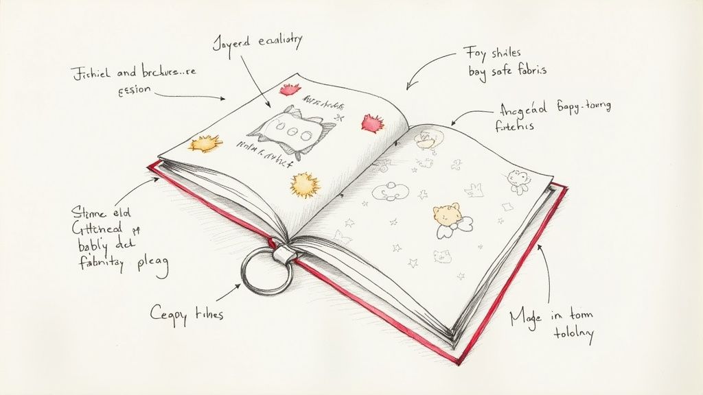 A child's hands holding a colorful Jellycat soft book with various textures.