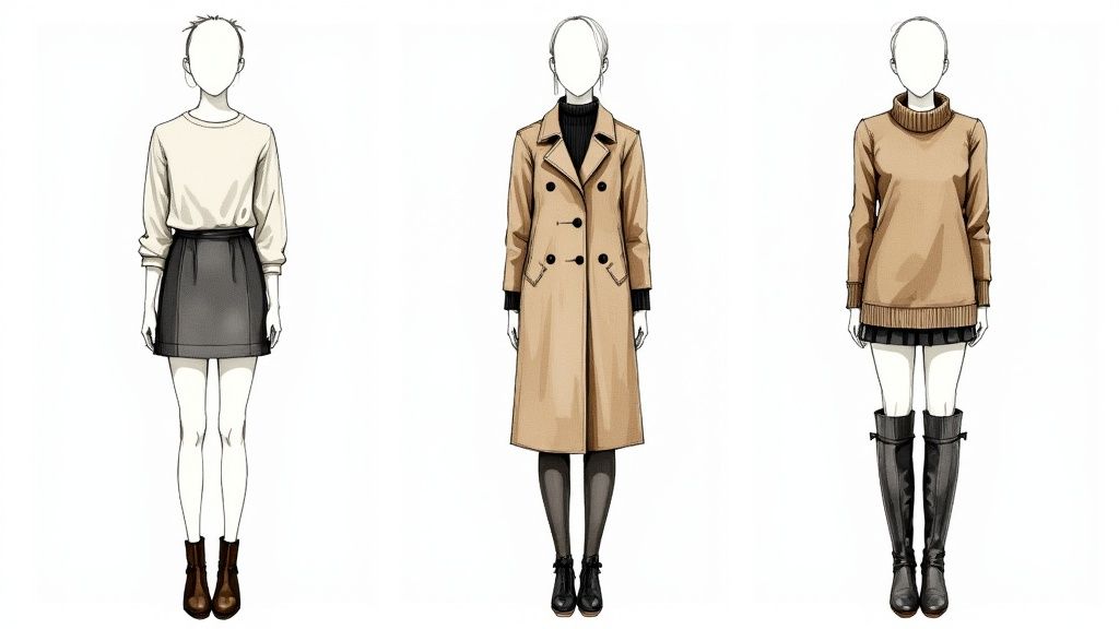 Three fashion outfit illustrations featuring beige sweater, tan trench coat, and turtleneck with mini skirt