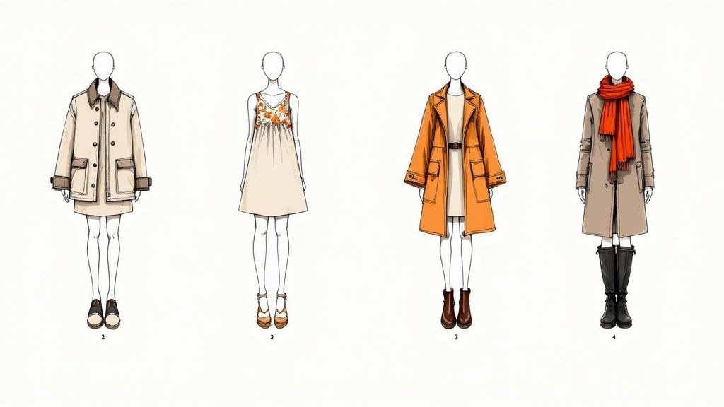 Four fashion illustrations showcasing diverse fall and winter outfits for women, including coats, dresses, and boots.