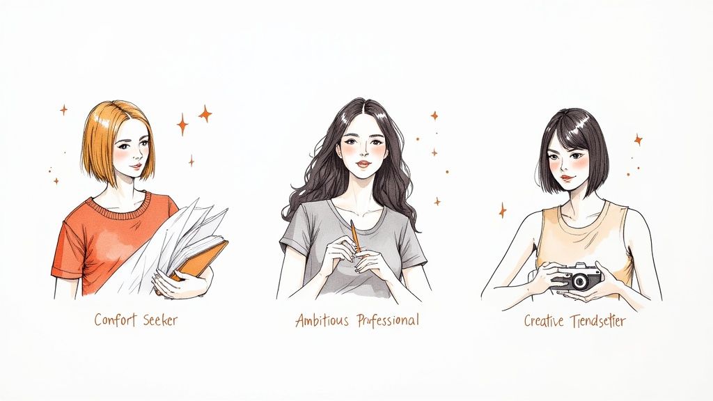 Three diverse cartoon women illustrating 'Comfort Seeker,' 'Ambitious Professional,' and 'Creative Trendsetter' personas.