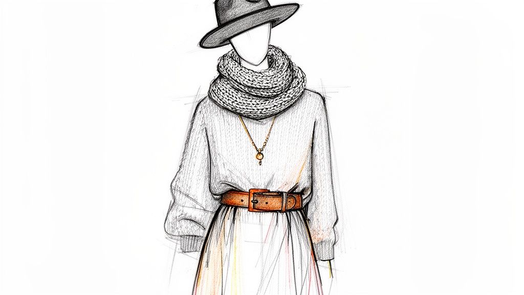 Stylish fashion sketch of a winter ensemble featuring a hat, chunky knit scarf, sweater, and brown belt.