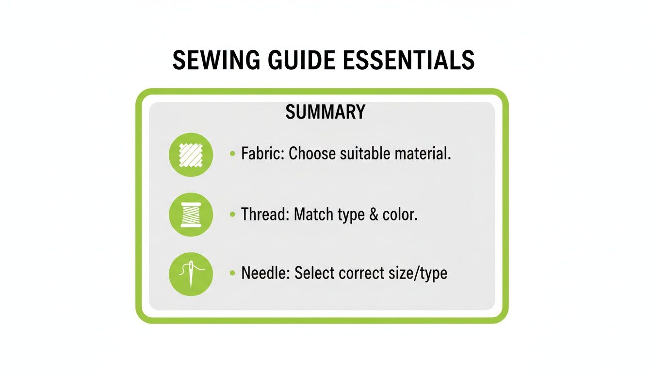 A sewing guide summary outlining essentials: fabric, thread, and needle selection tips.