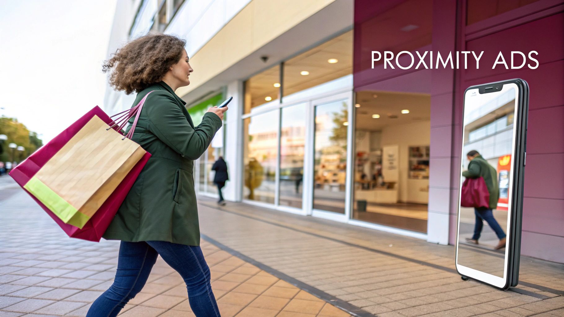 Jenks woman with shopping bags walks past storefront. Holding phone, she approaches a digital ad display. Text: "PROXIMITY ADS".