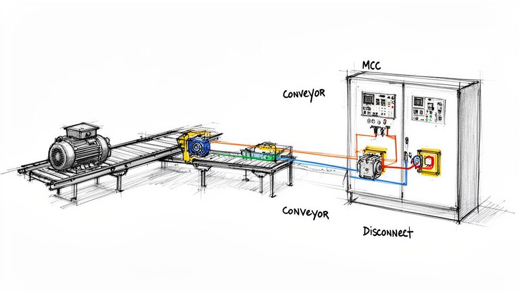 Diagram illustrating an industrial conveyor system with motors, an MCC, and a safety disconnect switch.