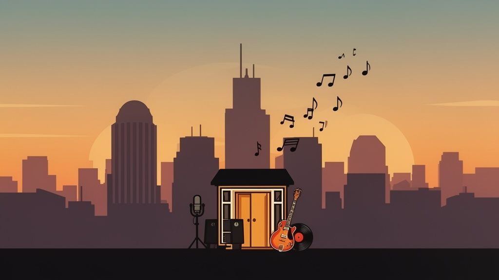 A vibrant illustration of a city skyline at sunset, featuring a music setup with guitar and microphone.