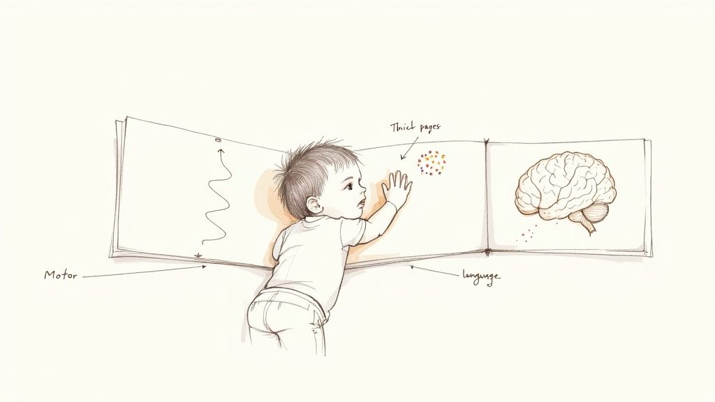 A baby happily engaged with a Jellycat 'If I Were' book, touching the sensory elements.