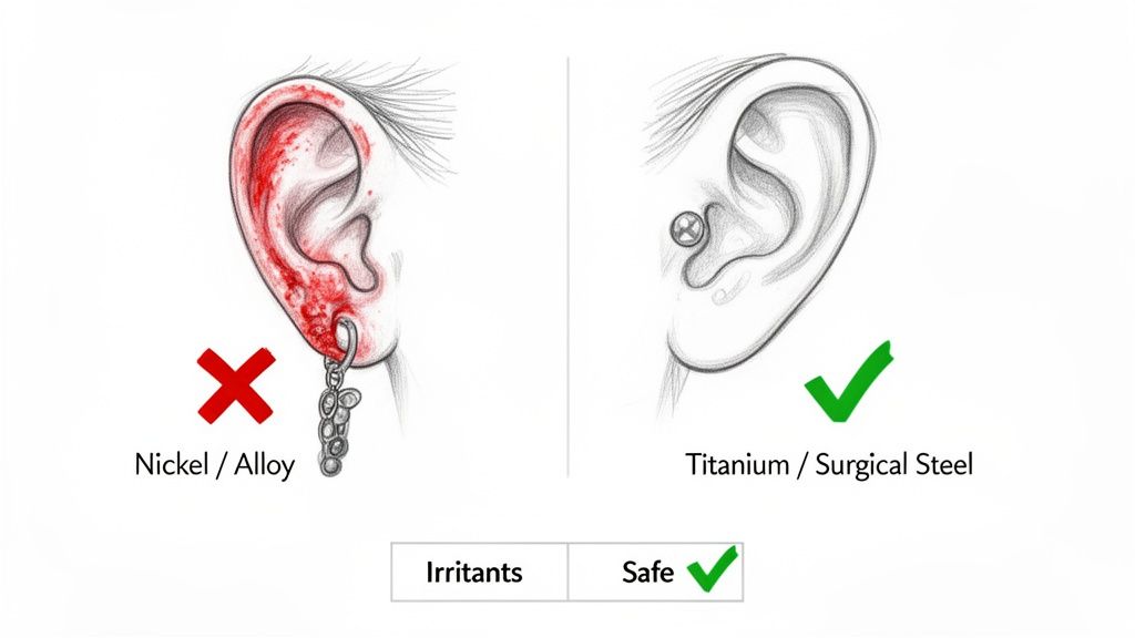 Two ear diagrams illustrate safe versus irritant metals like nickel for ear piercings.