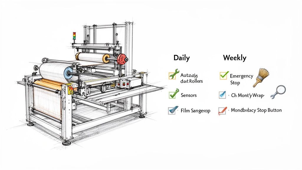 Detailed sketch of an industrial roll-to-roll machine with a daily and weekly maintenance checklist.