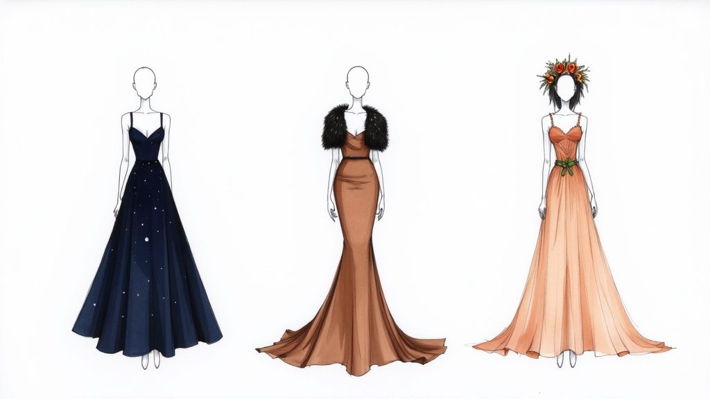 Three fashion illustrations of elegant gowns: a starry blue, a brown mermaid, and an orange with a floral crown.