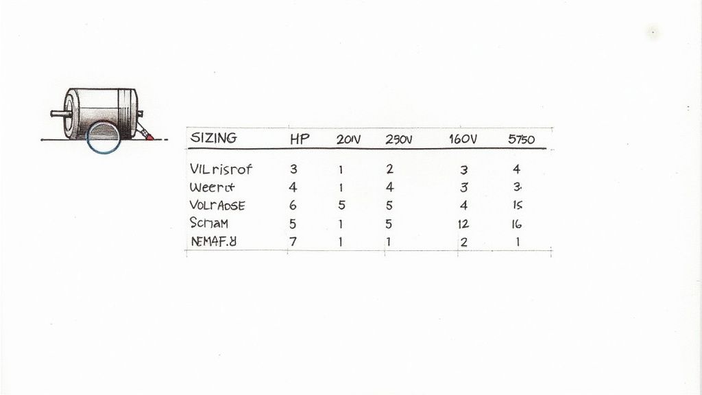 A hand-drawn image of a motor next to a sizing chart with specifications and values.