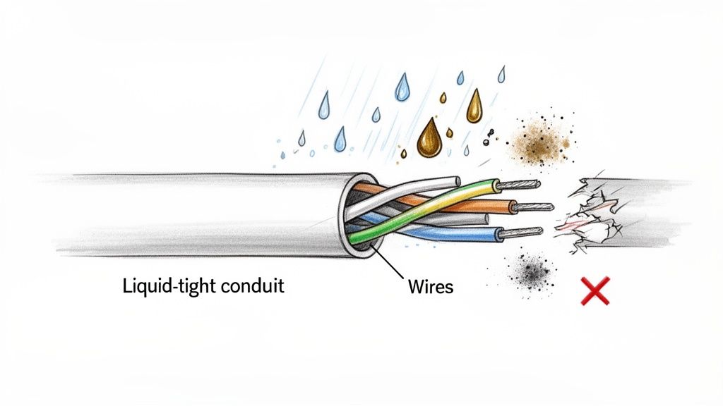 A liquid-tight conduit encasing electrical wires, demonstrating protection from liquids, dust, and damage.