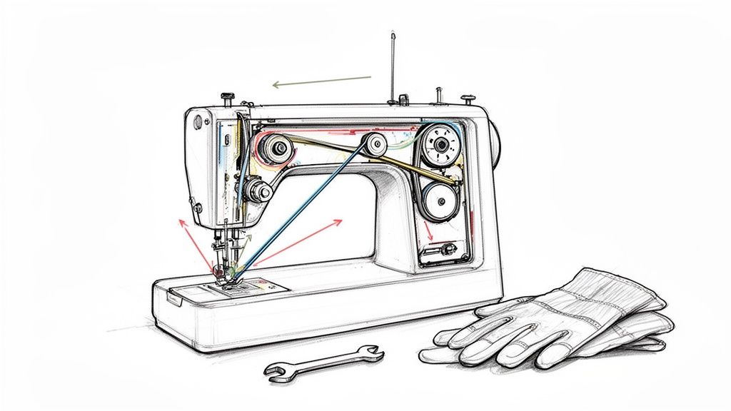 Detailed illustration of a sewing machine showing internal mechanisms, thread path, with a wrench and gloves nearby.
