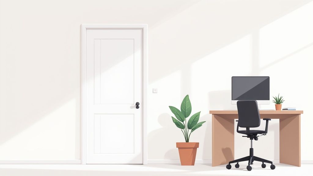 A minimalist home office with a white door, a potted plant, a wooden desk, and a computer.