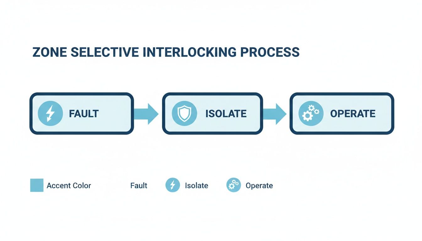 Flowchart illustrating the Zone Selective Interlocking process, showing steps: Fault, Isolate, Operate.