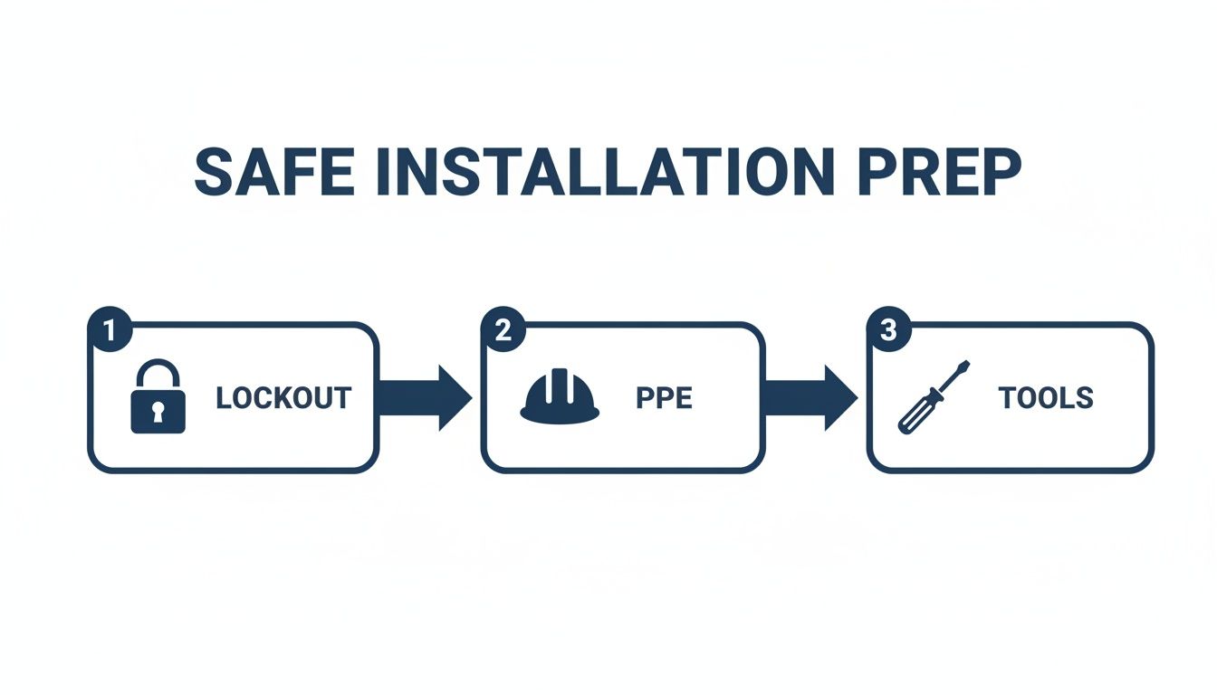 Flowchart outlining safe installation preparation steps: Lockout, PPE (Personal Protective Equipment), and Tools.