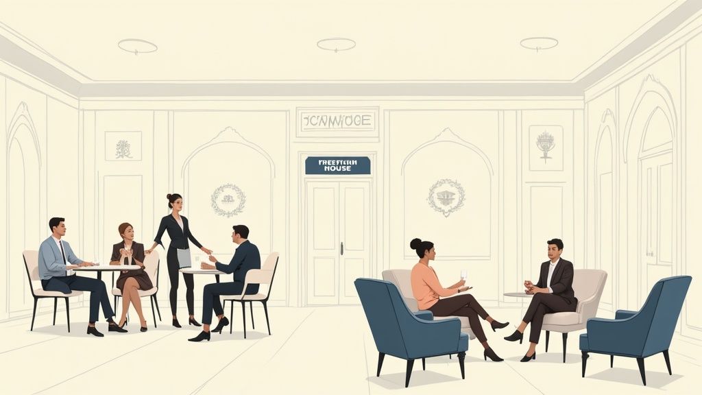 Professionals networking in a sophisticated, well-lit lounge with modern furniture and natural light.