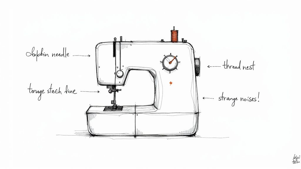 Technician examining a sewing machine