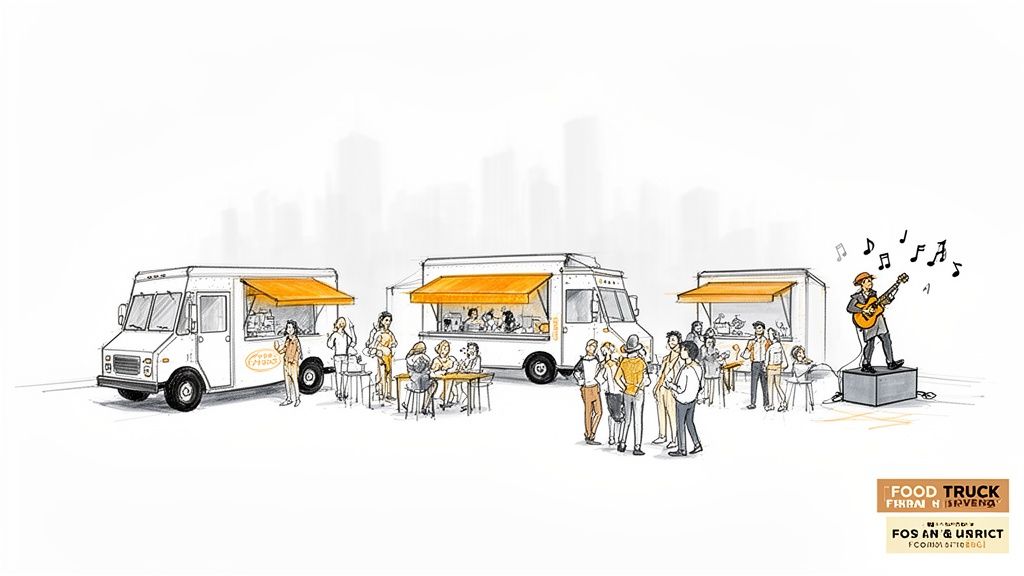 A cheerful outdoor food truck festival scene with customers, vendors, and a guitarist.