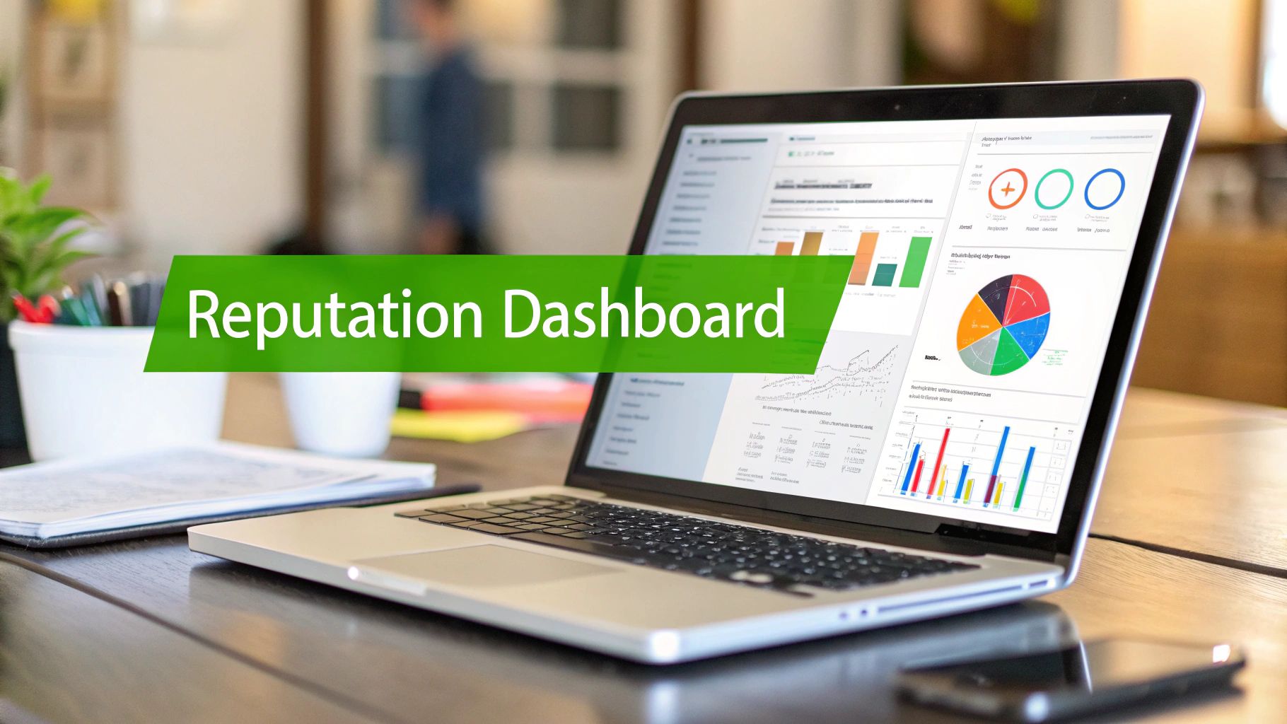 A laptop displaying a 'Reputation Dashboard' with various charts and graphs, indicating data analysis in an office setting.