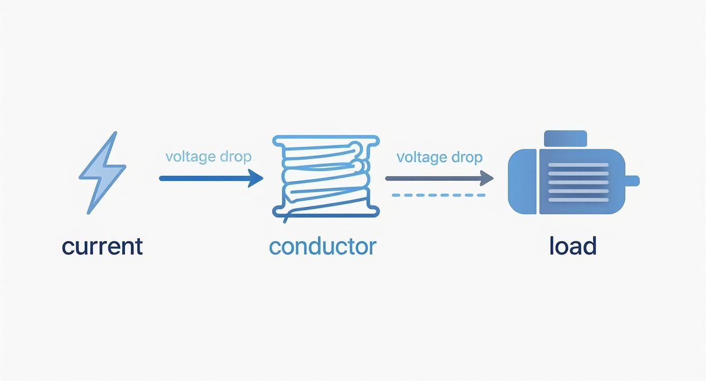 Diagram illustrating voltage drop as current flows from source, through a conductor, to an electrical load.