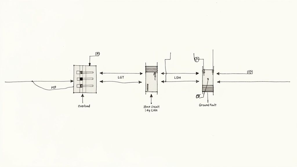 An electrical diagram showing three types of breaker trip causes: overload, slant circuit, and ground fault.