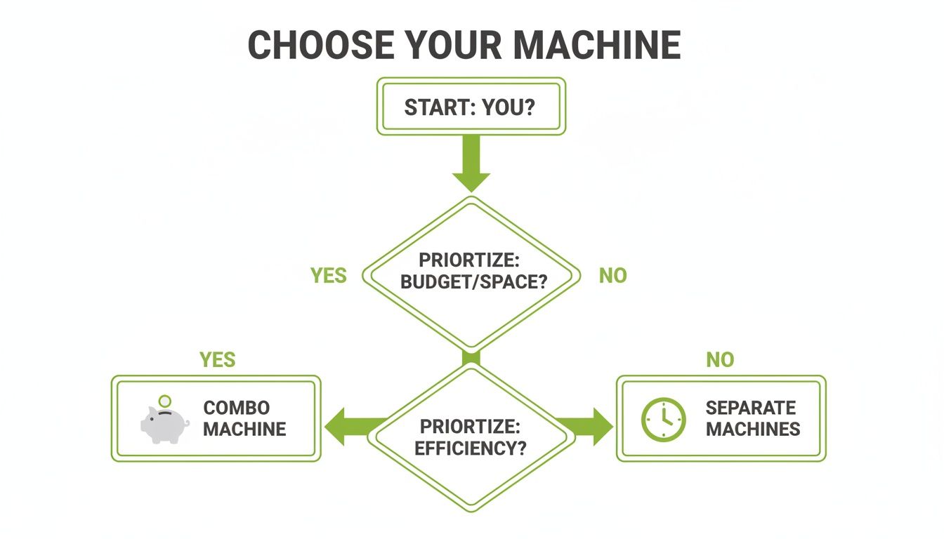 A flowchart titled 'Choose Your Machine' guides selection between combo and separate machines based on prioritizing budget, space, or efficiency.