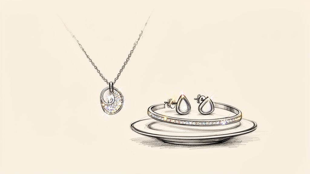 A detailed sketch of a sparkling diamond jewelry set including a necklace, a bracelet, and matching earrings.