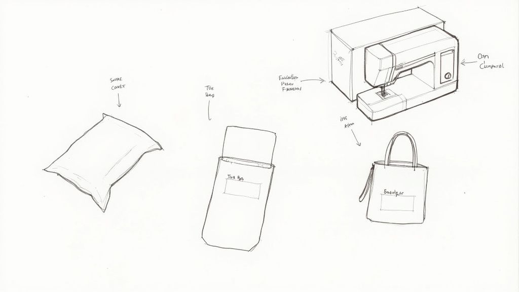 A stylish tote bag and custom pillow covers next to a Baby Lock Zest machine.