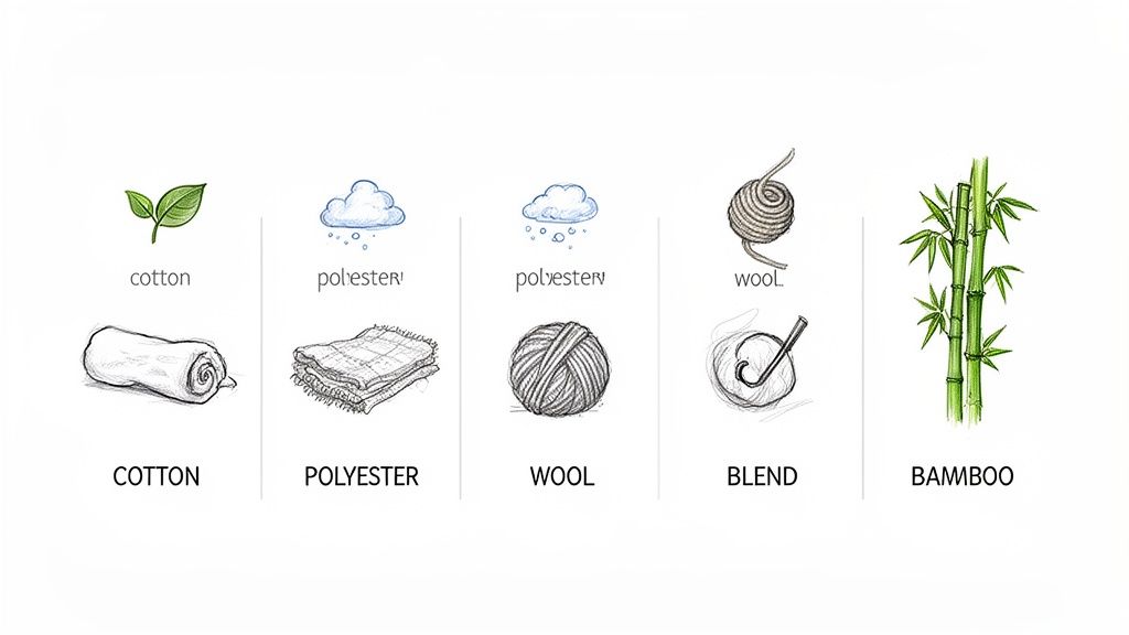 Visual guide showing five fabric types: cotton, polyester, wool, blend, and bamboo, with illustrative sketches.