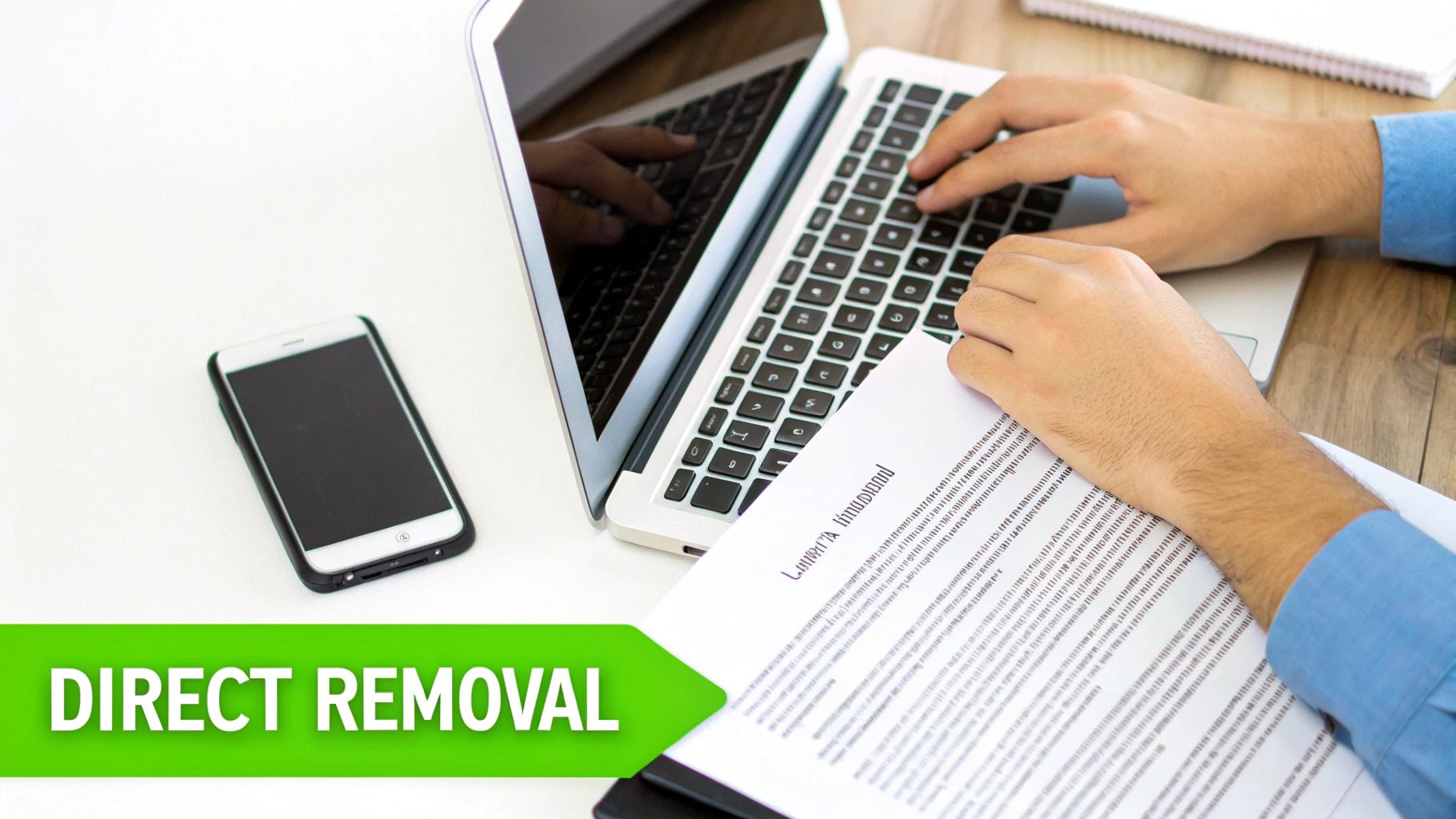 A person types on a laptop and holds a document, with a smartphone on a white desk.