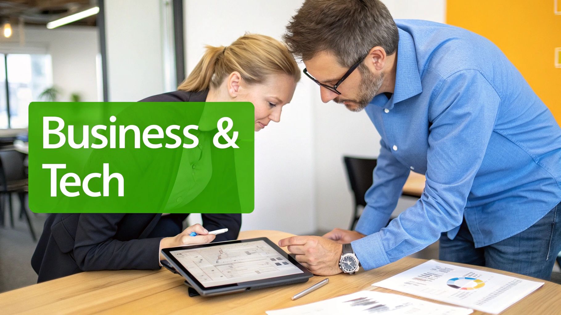 Two professionals collaborate on a tablet with charts, symbolizing business and technology integration.