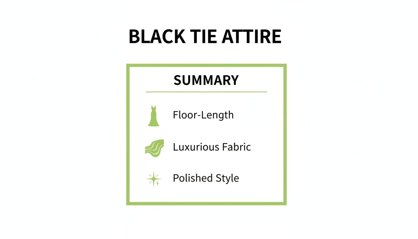 Summary of black tie attire characteristics, including floor-length dresses, luxurious fabrics, and polished style.