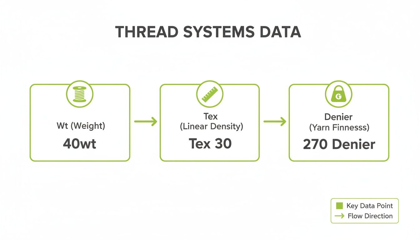 Flow chart illustrating thread system data conversion: 40wt (Weight) to Tex 30 (Linear Density) to 270 Denier (Yarn Fineness).