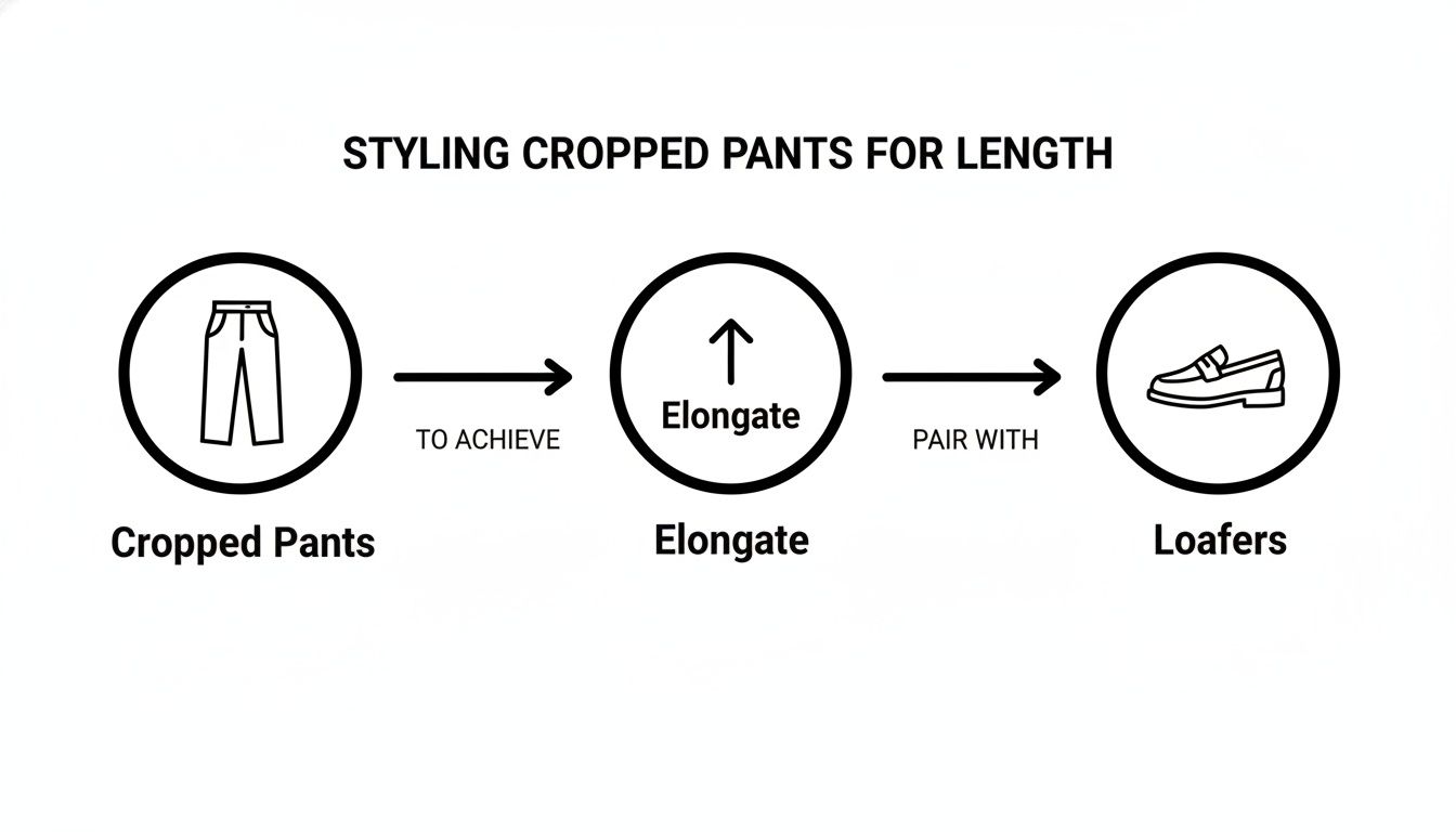 Flowchart illustrating styling cropped pants with loafers to achieve an elongated look.