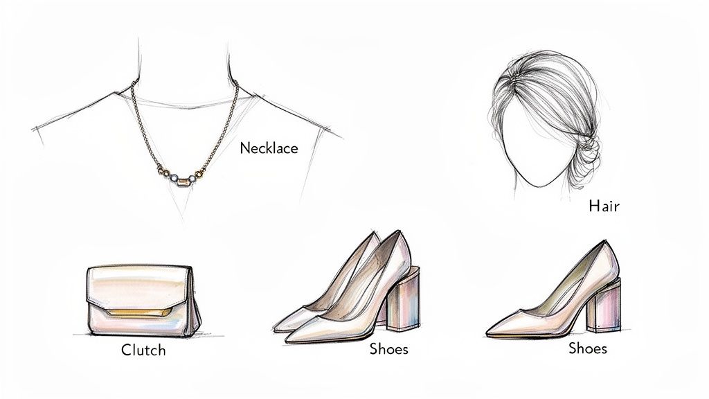 Sketches of fashion accessories including a necklace, clutch, high heels, and an elegant updo hairstyle.