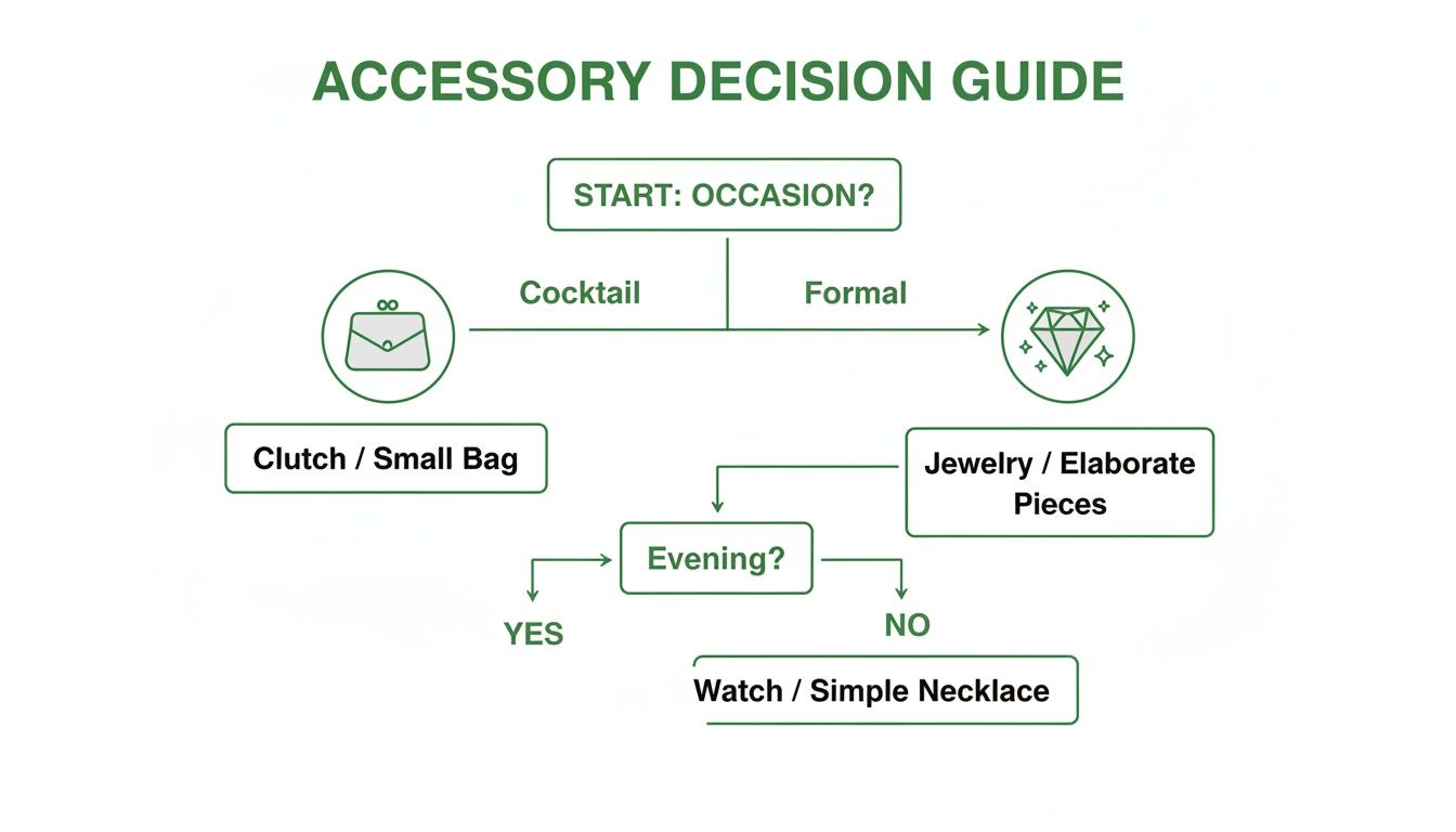 Flowchart showing accessory decisions for cocktail or formal occasions, considering if it's an evening event.