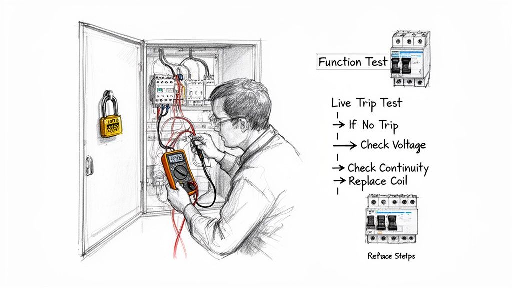 Electrician troubleshooting an electrical panel with a multimeter, showing lockout tagout and trip test steps.
