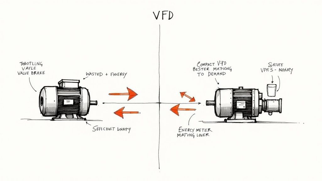 A modern Variable Frequency Drive (VFD) panel in an industrial setting, showcasing its control interface and electrical components.